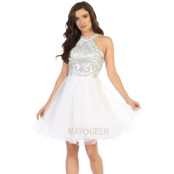 short white halter neck dress